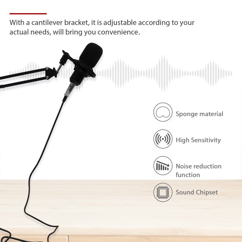 🎸 معدات ميكروفون بودكاست كاريوكي ميكروفون مكثف بطاقة صوت للحفلات المنزلية أسود حجم ٥ في ١٥ سم مع تقليل الضوضاء ١١ قطعة - Image 5
