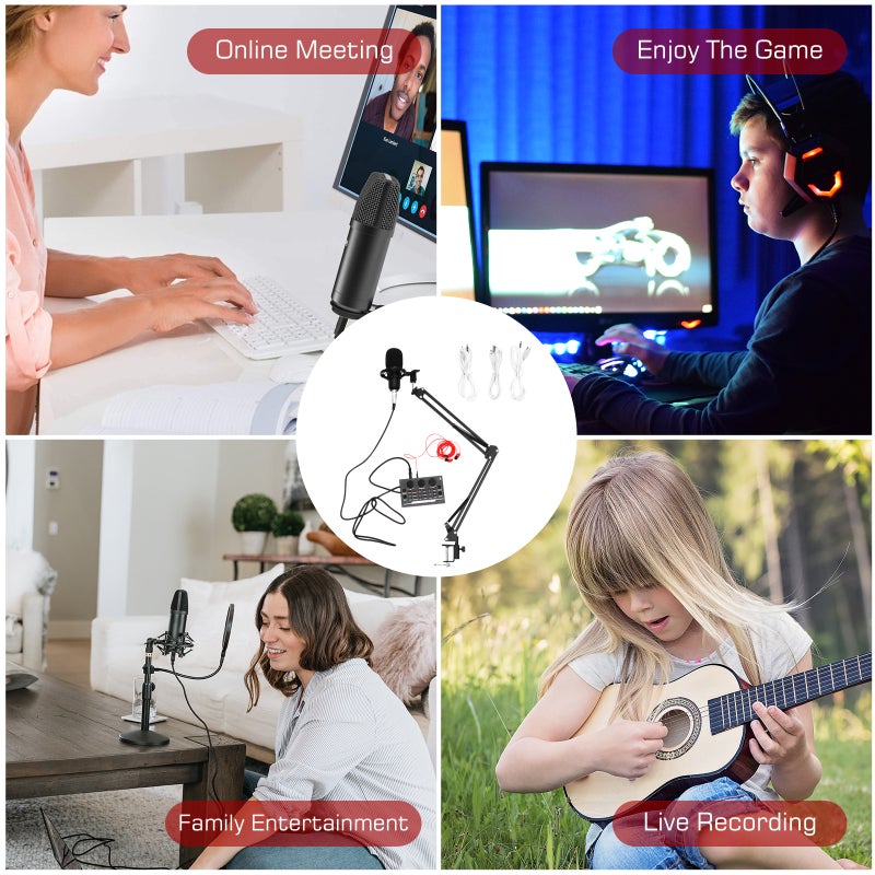 🎸 معدات ميكروفون بودكاست كاريوكي ميكروفون مكثف بطاقة صوت للحفلات المنزلية أسود حجم ٥ في ١٥ سم مع تقليل الضوضاء ١١ قطعة - Image 3