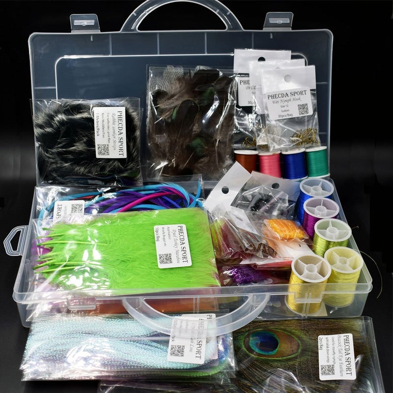 PHECDA PROFLY Feathers Fur Thread Crystal Flash Line Hooks Fly Tying Materials Starter Kits (Fly Tying Materials Set) - Image 1