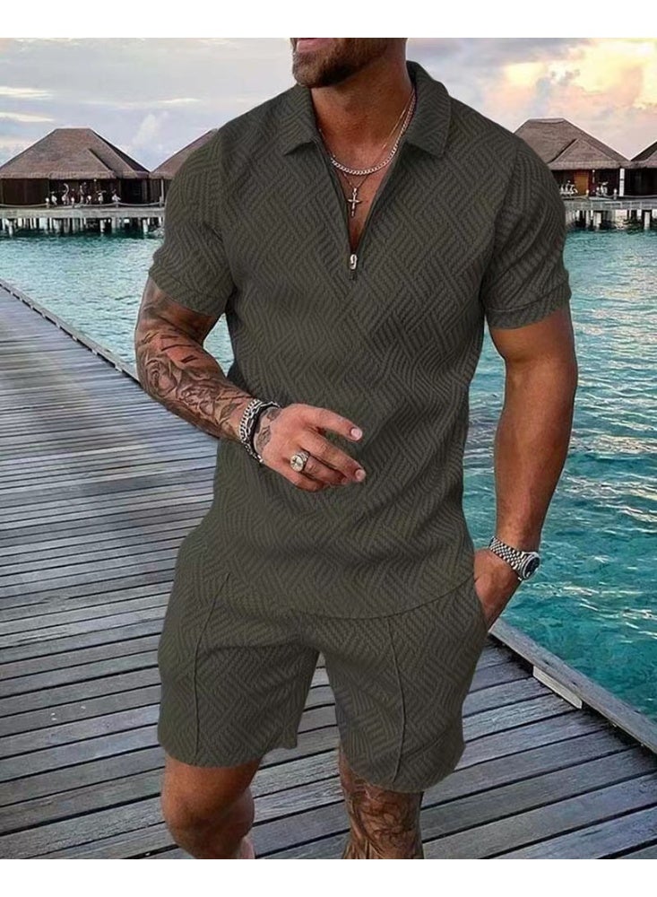 Men's Polo Suit Fashion Men Sets  Summer V-neck Zipper Short Sleeve POLO Shirt+Shorts Two Pieces Men Casual Suit - Image 1