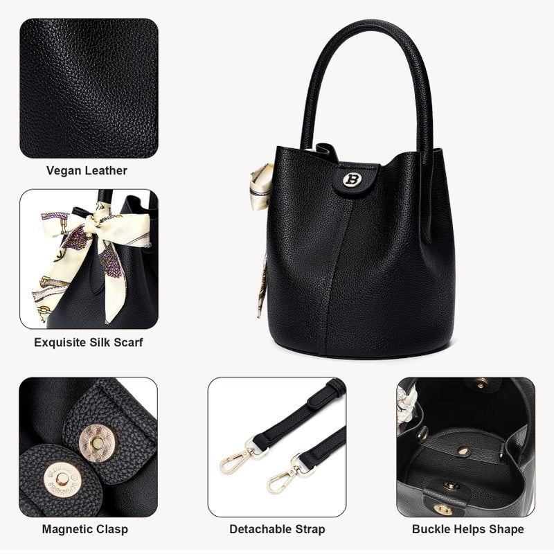 BOSTANTEN Small Crossbody Bags for Women Vegan Leather Mini Bucket Handbag Removable Shoulder Strap Black - Image 5