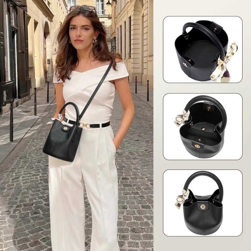 BOSTANTEN Small Crossbody Bags for Women Vegan Leather Mini Bucket Handbag Removable Shoulder Strap Black - Image 2