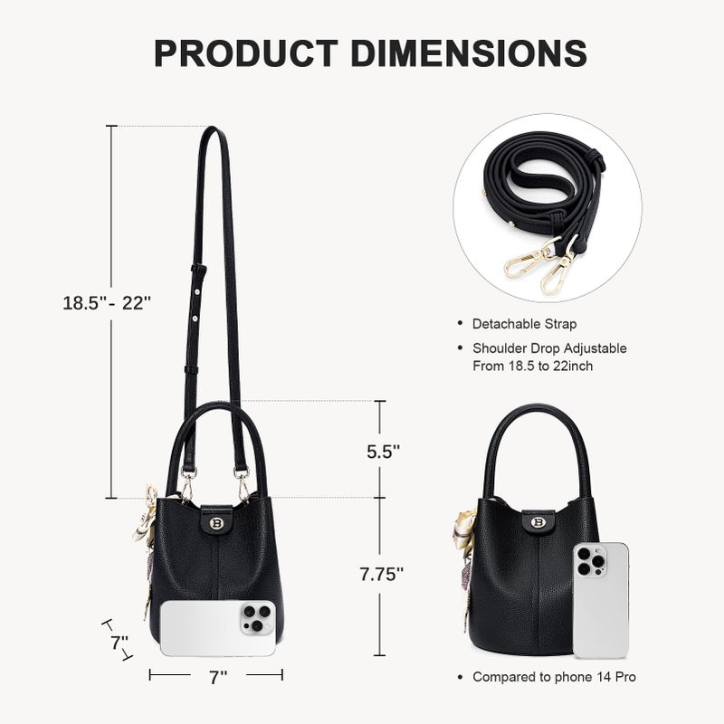 BOSTANTEN Small Crossbody Bags for Women Vegan Leather Mini Bucket Handbag Removable Shoulder Strap Black - Image 3