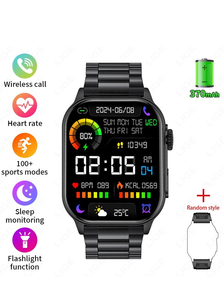 LIGE New Smart Watch for Men Outdoor Sports LED Flashlight 2.01" HD Large Screen with Big Battery Bluetooth Call AI Voice Waterproof Silicone & Metal Double Black Strap - Image 1