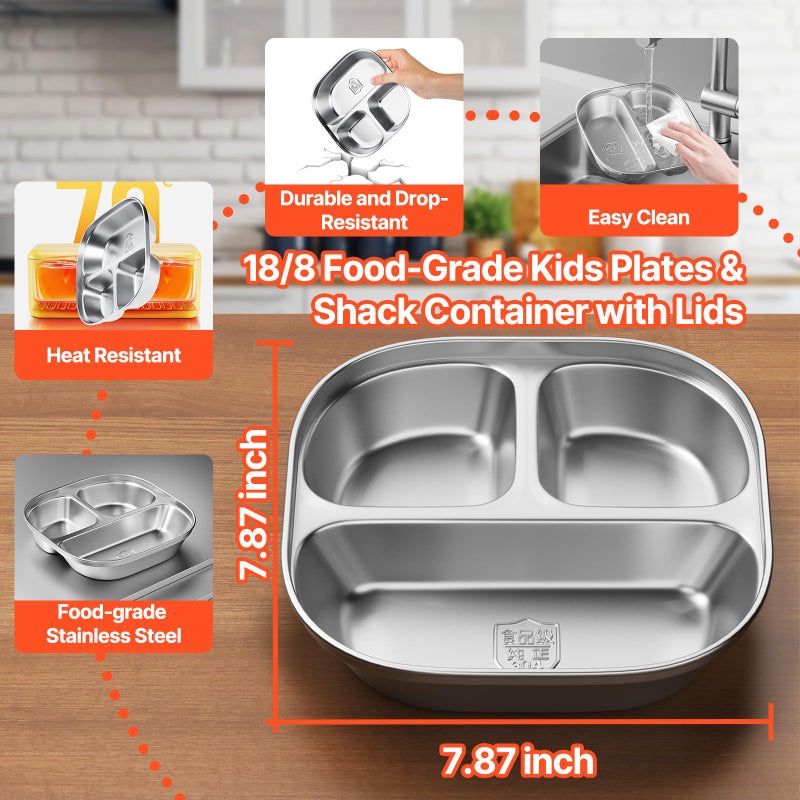 Hyperzacc Stainless Steel Kids Plates,Set of 4 Toddler Plates with Lids - 3 Compartments Stainless Steel Snack Containers for Kids Non Toxic & 100% BPA Free - Image 2