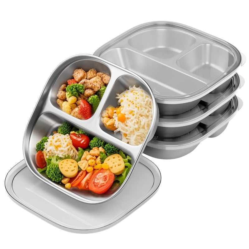Hyperzacc Stainless Steel Kids Plates,Set of 4 Toddler Plates with Lids - 3 Compartments Stainless Steel Snack Containers for Kids Non Toxic & 100% BPA Free - Image 1