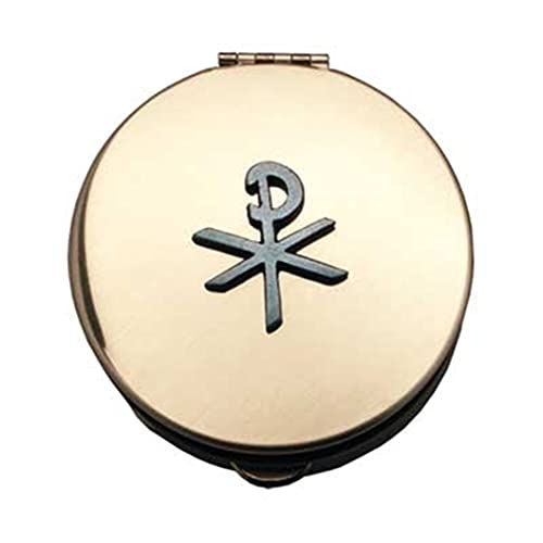 Cathedral Art Pyx With Chi-Rho Cross (PS131) - 1 1/2" Diameter, 1/2" Deep, Polished Brass - Image 1