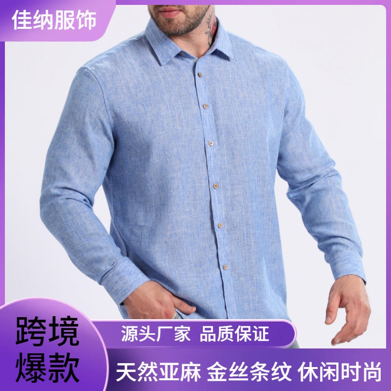 Men's Striped Polyester Long Sleeve Casual Shirt - Image 2