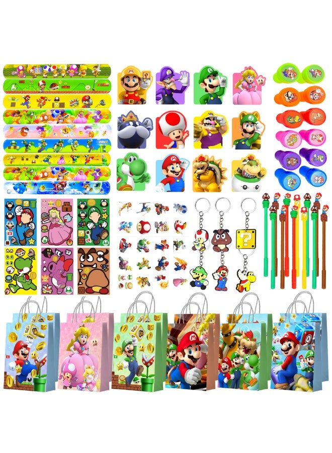 Super Mario Mario Stationery Party Favor Set for 12 Guests, 104Pcs Super Mario Gift Bundle with Gift Bags Mini Notebooks Keychains Slap Bands DIY Stickers Pens Tattoos & Seals Perfect for Mario Stationery Birthday Return Gifts - Image 1