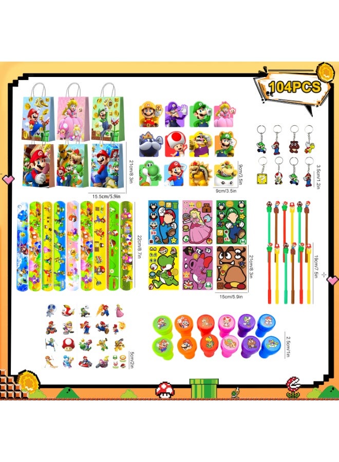 Super Mario Mario Stationery Party Favor Set for 12 Guests, 104Pcs Super Mario Gift Bundle with Gift Bags Mini Notebooks Keychains Slap Bands DIY Stickers Pens Tattoos & Seals Perfect for Mario Stationery Birthday Return Gifts - Image 3