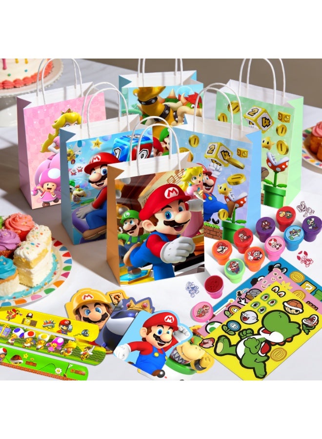 Super Mario Mario Stationery Party Favor Set for 12 Guests, 104Pcs Super Mario Gift Bundle with Gift Bags Mini Notebooks Keychains Slap Bands DIY Stickers Pens Tattoos & Seals Perfect for Mario Stationery Birthday Return Gifts - Image 4