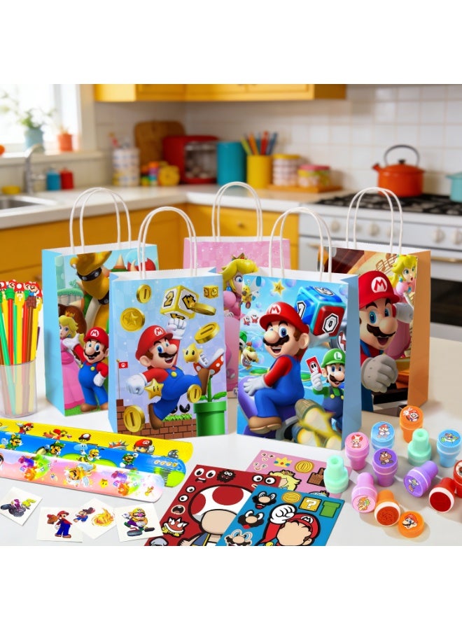 Super Mario Mario Stationery Party Favor Set for 12 Guests, 104Pcs Super Mario Gift Bundle with Gift Bags Mini Notebooks Keychains Slap Bands DIY Stickers Pens Tattoos & Seals Perfect for Mario Stationery Birthday Return Gifts - Image 5