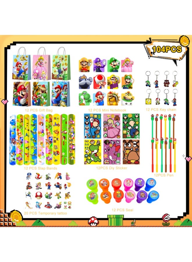 Super Mario Mario Stationery Party Favor Set for 12 Guests, 104Pcs Super Mario Gift Bundle with Gift Bags Mini Notebooks Keychains Slap Bands DIY Stickers Pens Tattoos & Seals Perfect for Mario Stationery Birthday Return Gifts - Image 2