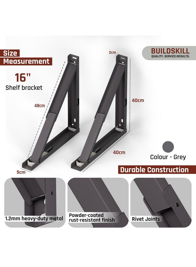 BUILDSKILL حامل رف قابل للطي 16 بوصة من بيلد سكيل، حامل طاولة ثقيل 1.2 مم، مقاوم للتآكل وتصميم موفر للمساحة، حوامل للرفوف الجدارية ومحطات العمل، للاستخدام المنزلي والمكتبي (رمادي دا) (مجموعة من 2) - Image 3