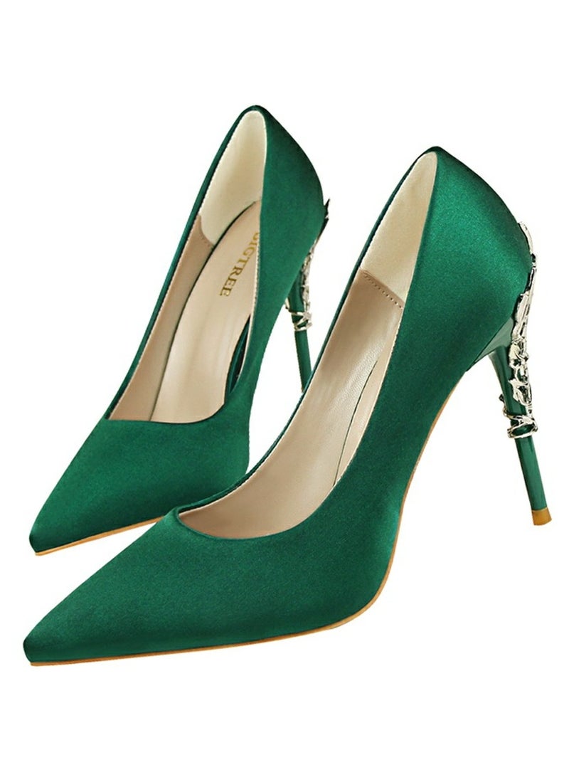 BIGTREE Women's Elegant Stiletto Pumps With 10 CM Personalized Metal Heel Elegant Gorgeous Closed Pointed Toe Slip On Solid High Heels Green  - Image 1
