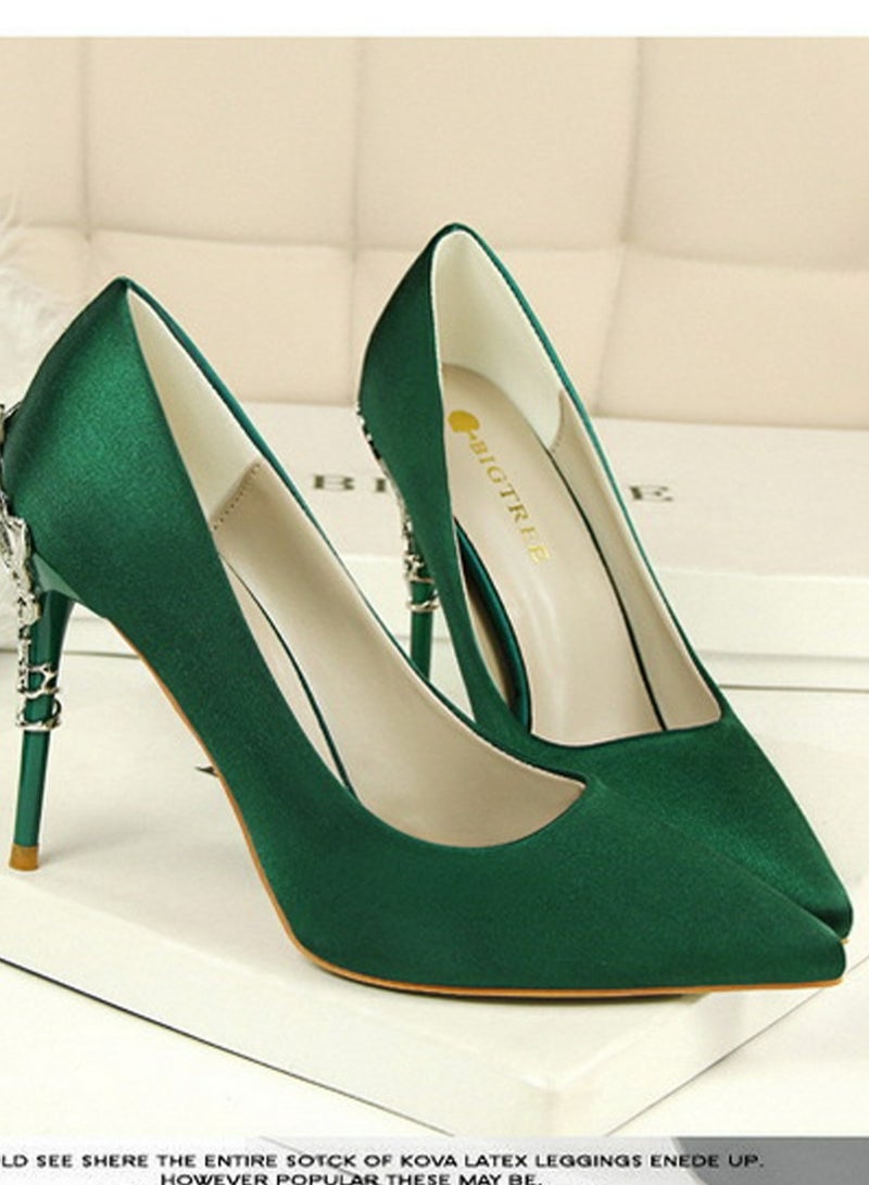 BIGTREE Women's Elegant Stiletto Pumps With 10 CM Personalized Metal Heel Elegant Gorgeous Closed Pointed Toe Slip On Solid High Heels Green  - Image 2