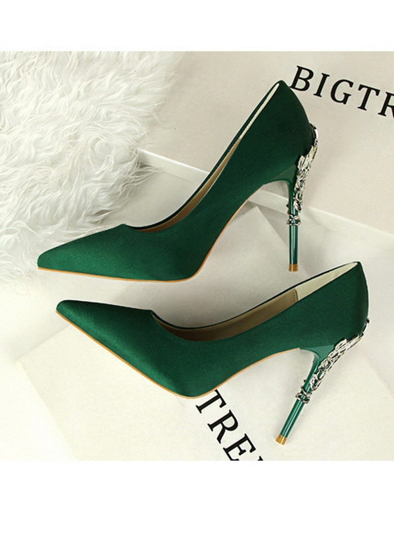 BIGTREE Women's Elegant Stiletto Pumps With 10 CM Personalized Metal Heel Elegant Gorgeous Closed Pointed Toe Slip On Solid High Heels Green  - Image 4