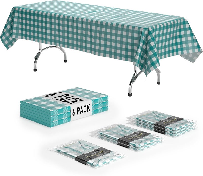 Exquisite Picnic Table Cover - 6 Pack Premium Rectangle Plastic Tablecloth - Teal & White Checkered BBQ Plastic Table Cover - Gingham Checkerboard Disposable Plastic Tablecloth 54" x 108" Rectangle - Image 1