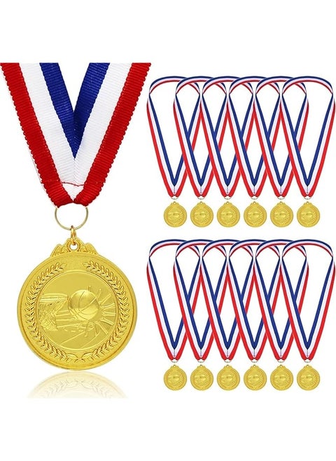 THE WHITE SHOP 12 Pcs Basketball Medals for Kids and Adults, Team Participation Trophies, Awards, Party Favors, Red, White, and Blue Stripes Ribbon (2 in, Metal, Gold)