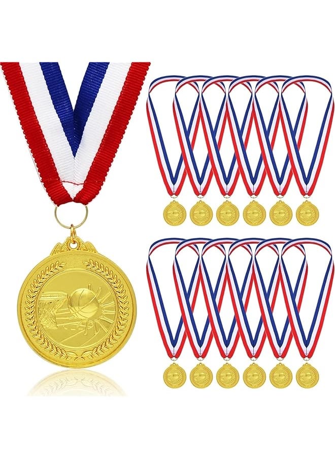 The White Shop THE WHITE SHOP 12 Pcs Basketball Medals for Kids and Adults, Team Participation Trophies, Awards, Party Favors, Red, White, and Blue Stripes Ribbon (2 in, Metal, Gold) 