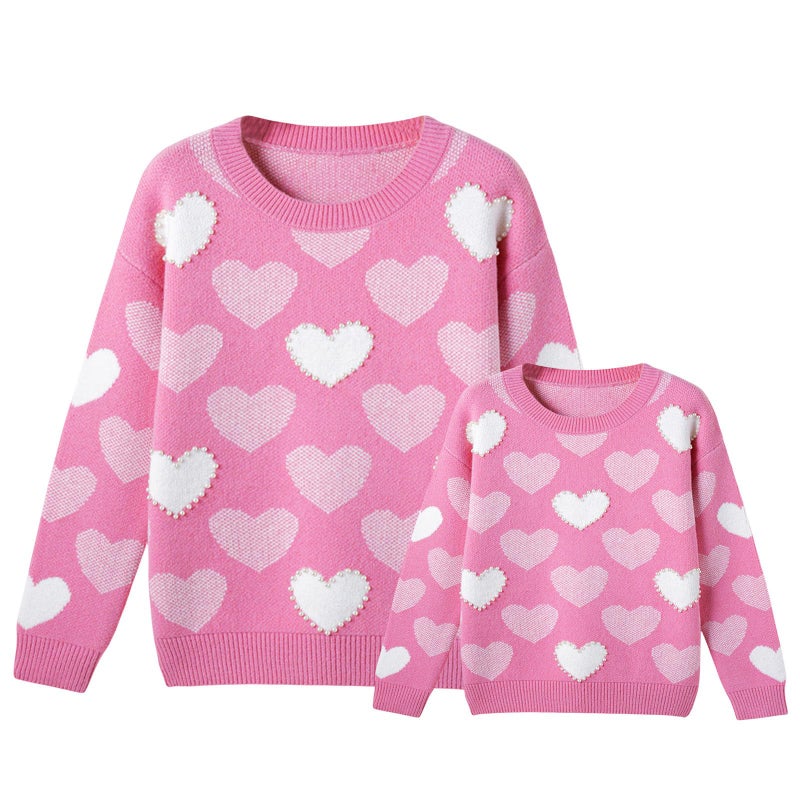 Kutterild Mommy and Me Sweater Heart Crewneck Knit Sweatshirt Pullover Tops Mother Daughter Matching Outfits(Little Girl,2-3 Years,Rose Pink) - Image 1