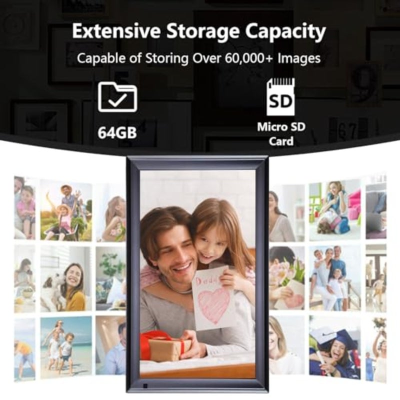 إطار صور رقمي Frameo WiFi مقاس 15.6 بوصة، وذاكرة وصول عشوائي (RAM) سعة 2 جيجابايت ومساحة تخزين 64 جيجابايت، إطار صورة إلكتروني مع شاشة لمس IPS FHD مقاس 1920 × 1080، تدوير تلقائي، مشاركة الصور ومقاطع الفيديو على الفور، يمكن تثبيته على الحائط - Image 4