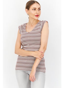 Zero Women V Neck Short Sleeve Stripe Top, White  - Image 1