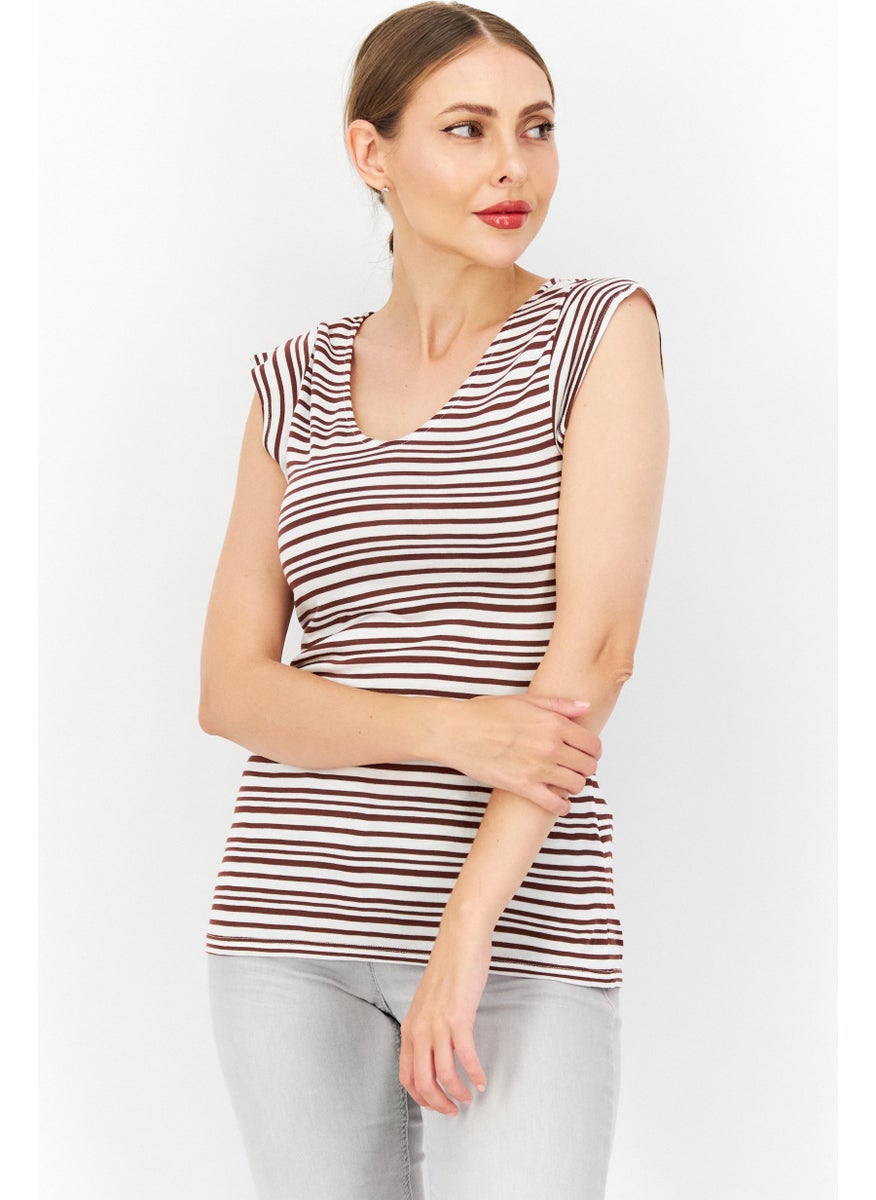 Zero Women V Neck Short Sleeve Stripe Top, White  - Image 1