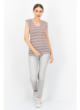 Zero Women V Neck Short Sleeve Stripe Top, White  - Image 3