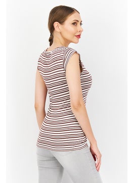 Zero Women V Neck Short Sleeve Stripe Top, White  - Image 4