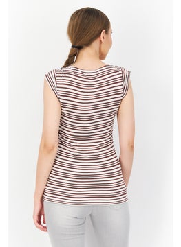 Zero Women V Neck Short Sleeve Stripe Top, White  - Image 2