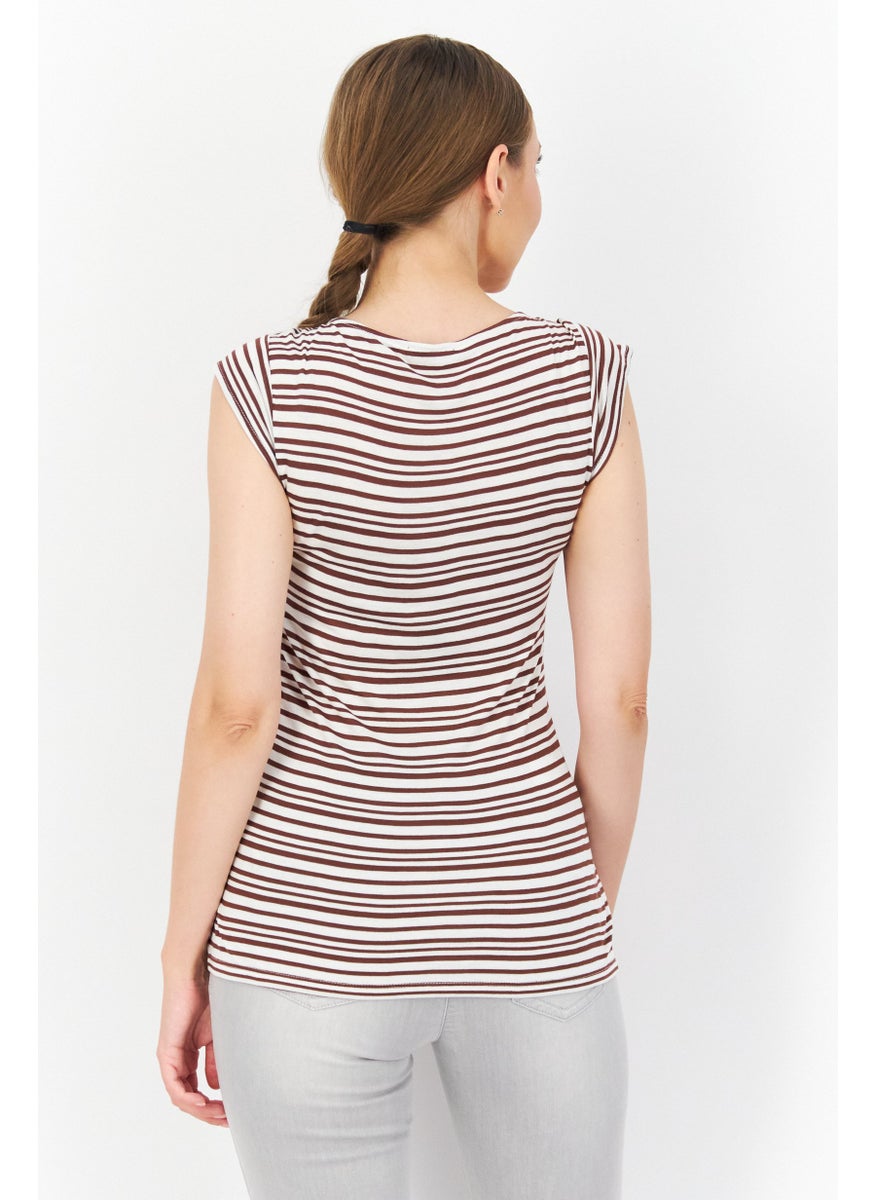 Zero Women V Neck Short Sleeve Stripe Top, White  - Image 2