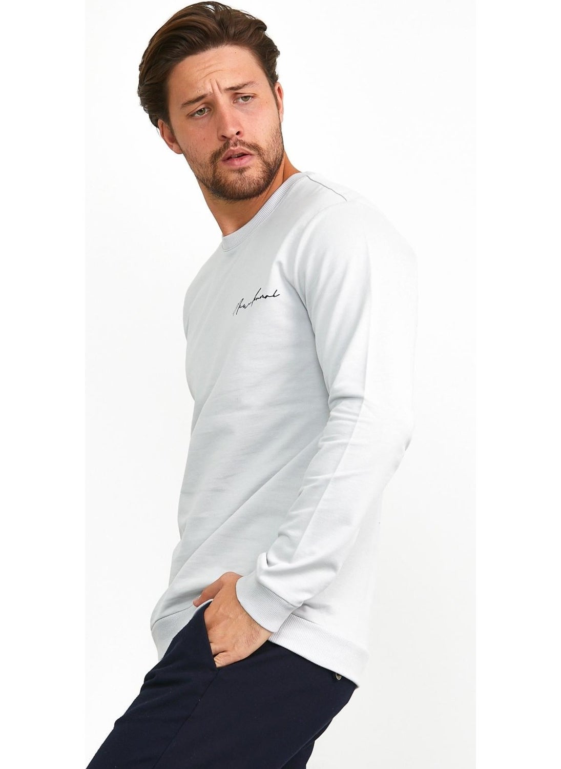 Odelon Men's Basic Crew Neck Daily Sports Sweatshirt Gray  - Image 2
