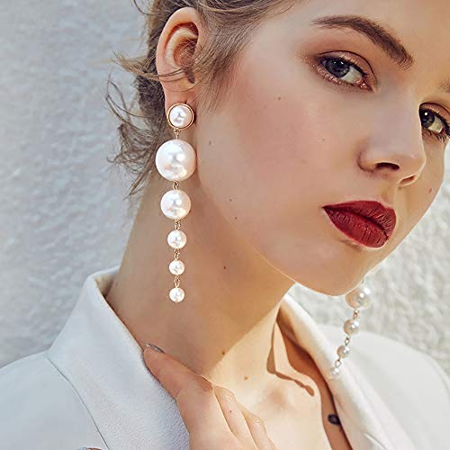 Doubnine Pearl Drop Earrings Long Chain Dangle Earrings Wedding Jewelry for Women - Image 2