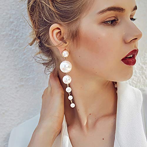 Doubnine Pearl Drop Earrings Long Chain Dangle Earrings Wedding Jewelry for Women - Image 3