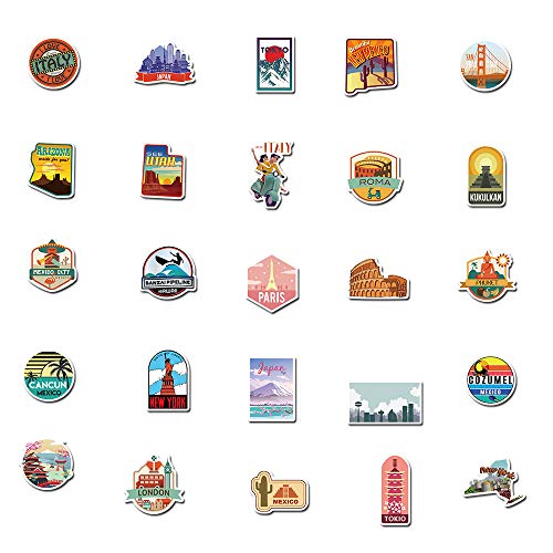 PRETTY SUNSHINE 50Pcs Travel Stickers Decal, Waterproof Vinyl Stickers Pack for Luggage, Laptop, Scrapbook, Skateboard, Water Bottle, Bumper, Phone, Vintage Stickers - Image 2