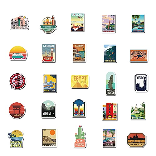 PRETTY SUNSHINE 50Pcs Travel Stickers Decal, Waterproof Vinyl Stickers Pack for Luggage, Laptop, Scrapbook, Skateboard, Water Bottle, Bumper, Phone, Vintage Stickers - Image 3