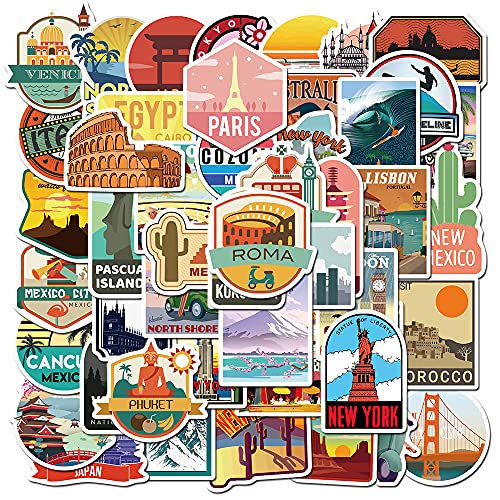 PRETTY SUNSHINE 50Pcs Travel Stickers Decal, Waterproof Vinyl Stickers Pack for Luggage, Laptop, Scrapbook, Skateboard, Water Bottle, Bumper, Phone, Vintage Stickers - Image 1
