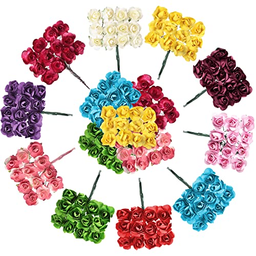 Geosar 132 Pcs Artificial Mini Rose Fake Mixed Color Paper Flower Handmade Small Flowers for Crafts Miniature Flowers Wedding Bouquet Paper Mini Flowers with Stems for DIY Crafts Scrapbooking Embellishment - Image 1