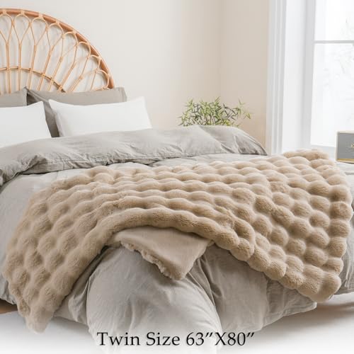 BENVWE Faux Fur Throw Blanket for Couch Bed - Fluffy Soft Thick Bubble Blanket for Living Room Home Decor - Mothers Day Birthday Gifts for Women, Beige, 63" x 80" - Image 2