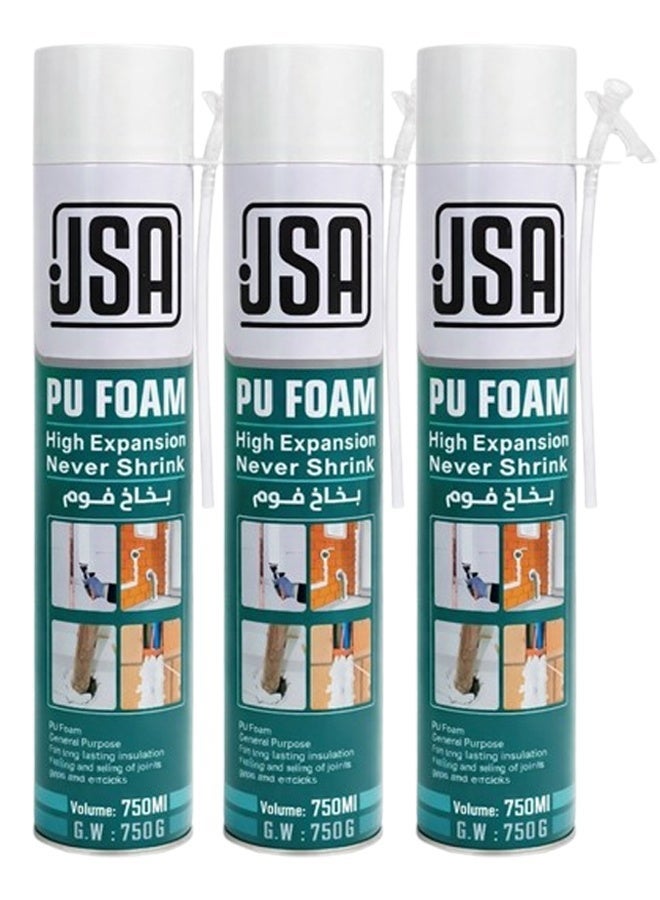 JSA Combo 3 pcs JSA PU Foam Spray 750ml High Expansion Expanding Foam Sealant, Insulating Spray Foam Filler for Gaps Cracks Joints Windows Doors Roof Pipes Wall Sealing, Waterproof Soundproof Construction Foam Sealant with Straw Applicator - Image 1