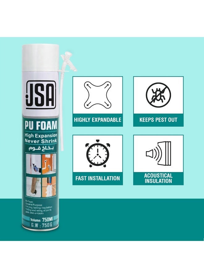 JSA Combo 3 pcs JSA PU Foam Spray 750ml High Expansion Expanding Foam Sealant, Insulating Spray Foam Filler for Gaps Cracks Joints Windows Doors Roof Pipes Wall Sealing, Waterproof Soundproof Construction Foam Sealant with Straw Applicator - Image 5