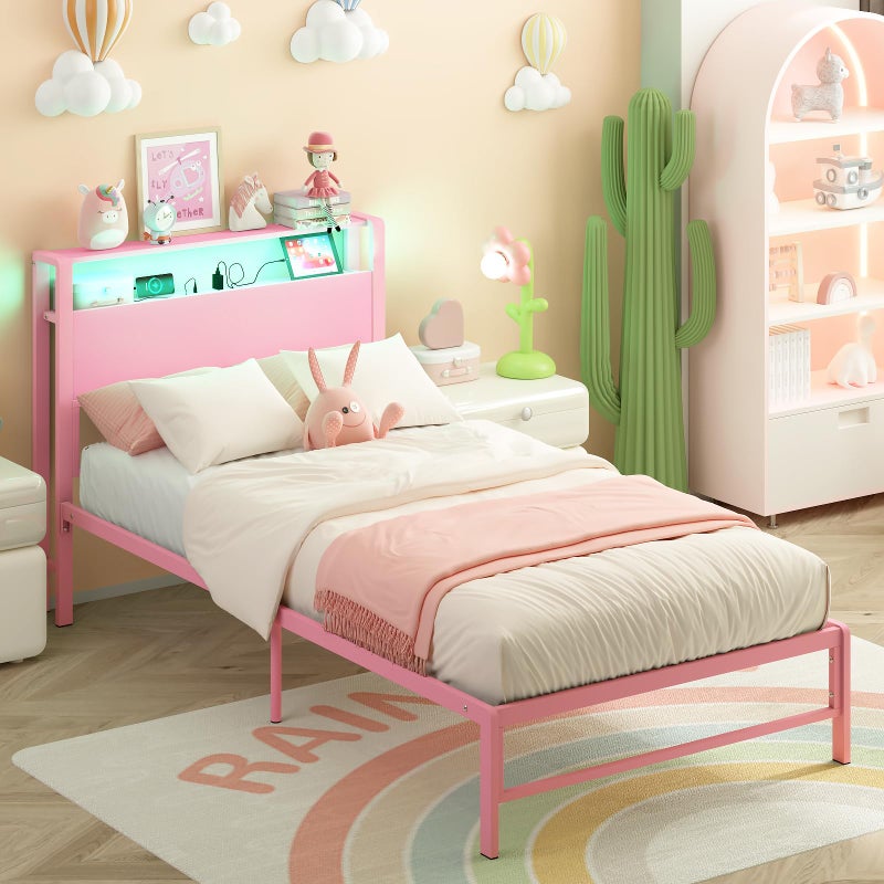 Weehom Twin Bed Frames with 2 Tiers Wood Storage Shelves Headboard Twin Size Bed with Charger Stations and LED Light Under Bed Storage Space Platform Bed for Kids Girls and Adults Pink