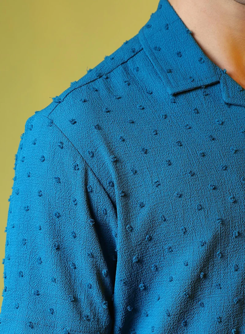 Campus Sutra Men's Teal Green Self-Design Pom-Pom Shirt