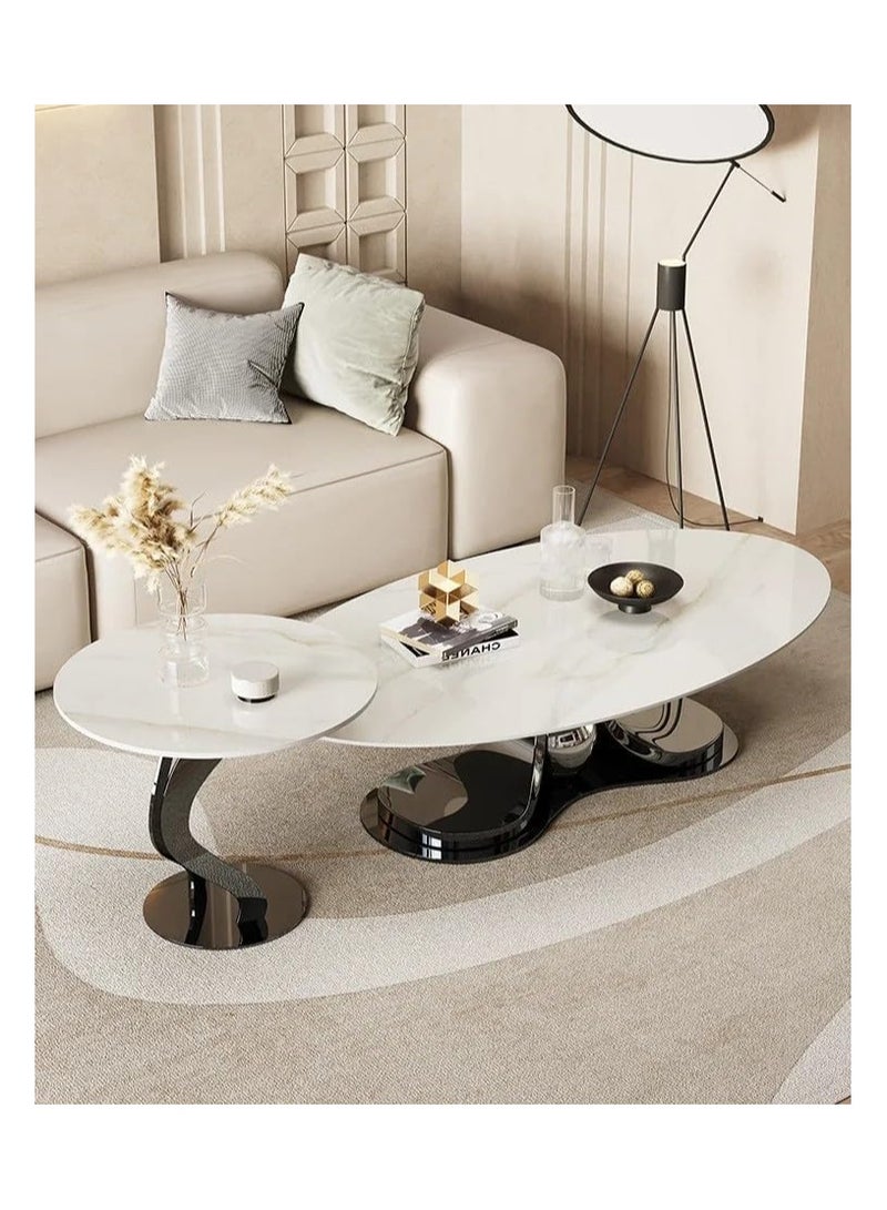 Modern Coffee Table Set, Oval Center Table with Round Side Table, Stainless Steel Base and Slate Marble Top.