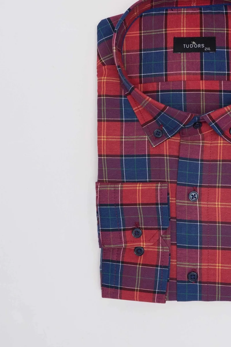 تودورس Plus Size Button Collar Checked Cotton Men's Shirt