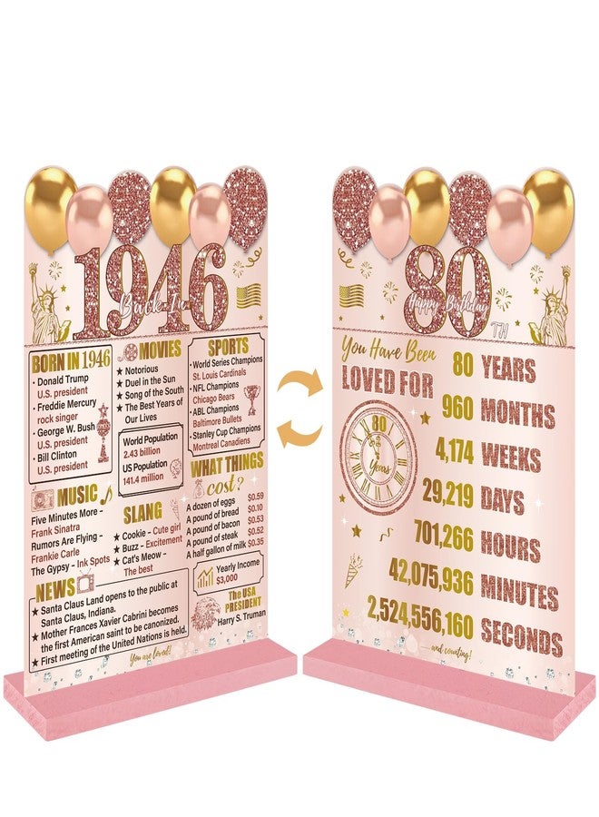 Guiruiy Pink Rose Gold 80th Birthday Decorations for Women, Two-Sided Vintage 80 Back in 1946 Theme Poster Wooden Table Sign with Stand, Eighty Years Old Bday Centerpieces Holder for Table Decor - Image 1