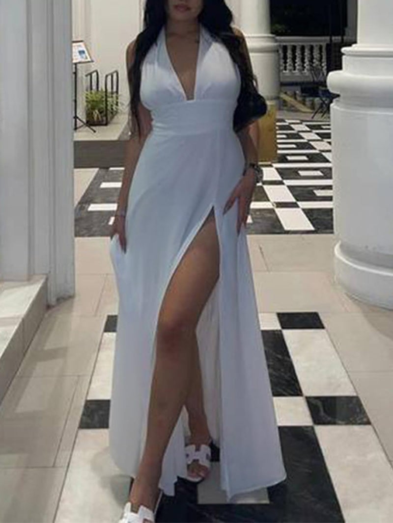 Ekaliy Sexy Halter Backless Dress for Women Bow Tie White Long Dress with Slit S - Image 4