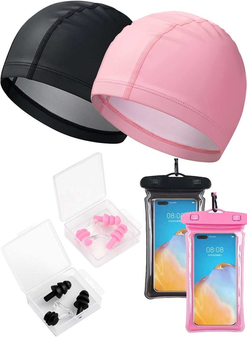 Generic Summer Swimming Set with Waterproof Phone Case and Soft PU Swim Caps for Adults and Kids with 2 Earplug Nose Clip Kits Black and Pink Perfect for Beach, Pool, Snorkeling and Underwater Photos  - Image 1