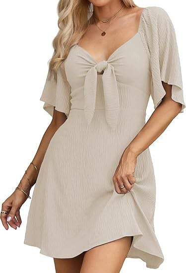 European and American Export Cross-Border Summer Womens V-Neck Bow Tie Short-Sleeved Pullover Lotus Leaf Sleeve Mini Dress Light gray